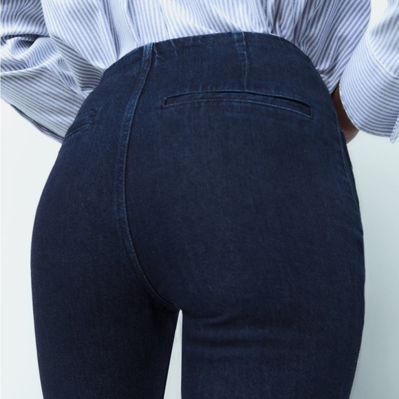 Zara NWOT Dark wash pocket button front straight leg semi cropped denim jeans - Picture 4 of 9